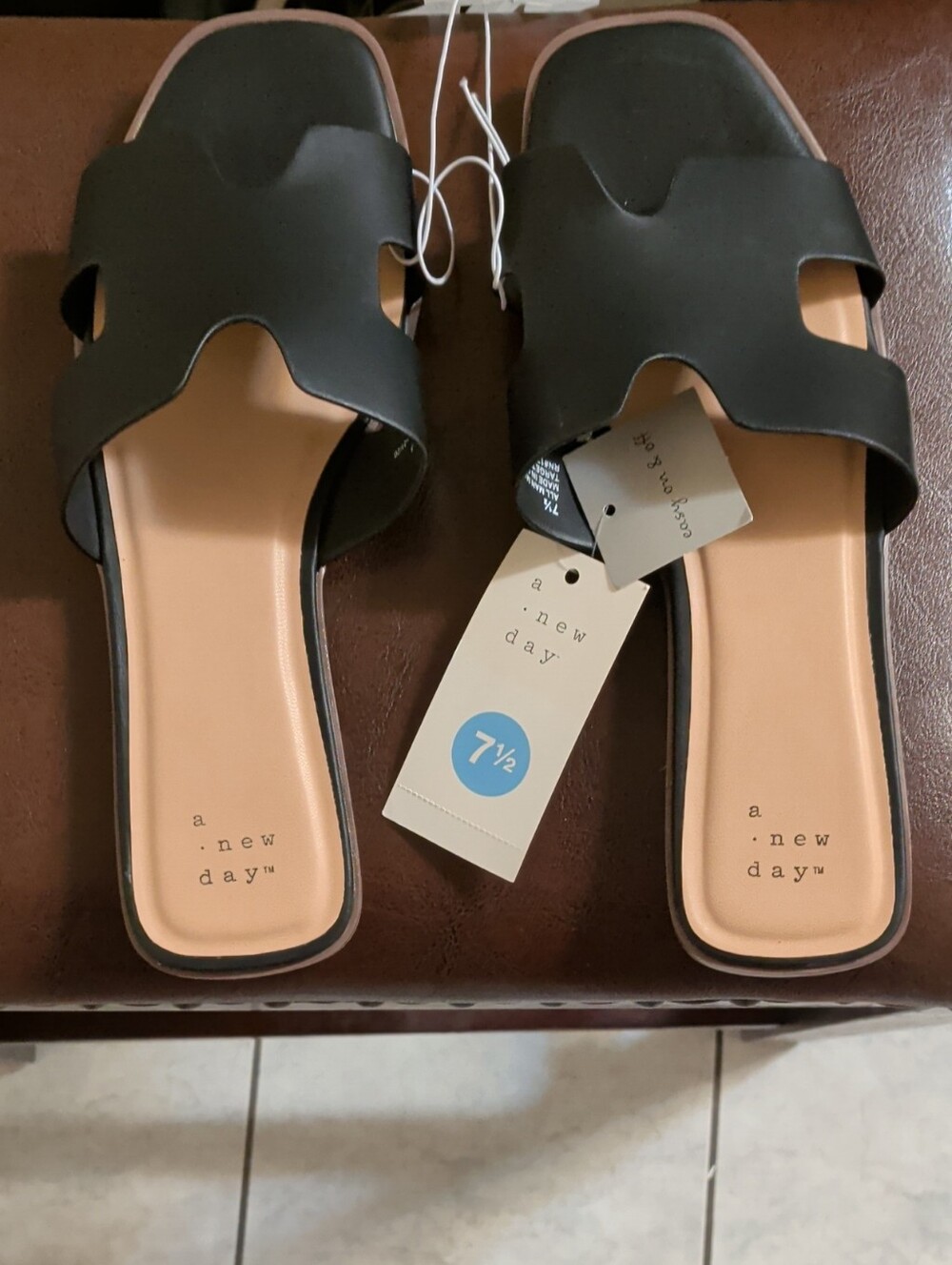 a new day Black Slide Sandals with Tan Footbed